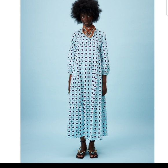 Zara L Blue White Aztec Sleeves Cotton Maxi Dress - Picture 6 of 10